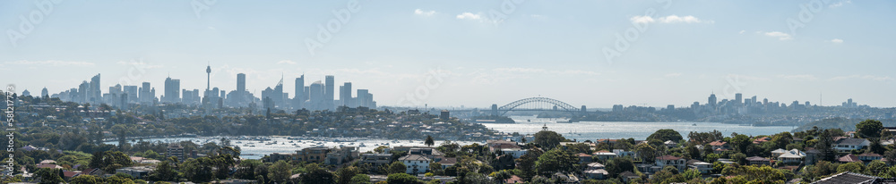 Sydney Harbour and Opera House. Cityscape. Darling Point, Point Piper, Harbour Bridge, panorama