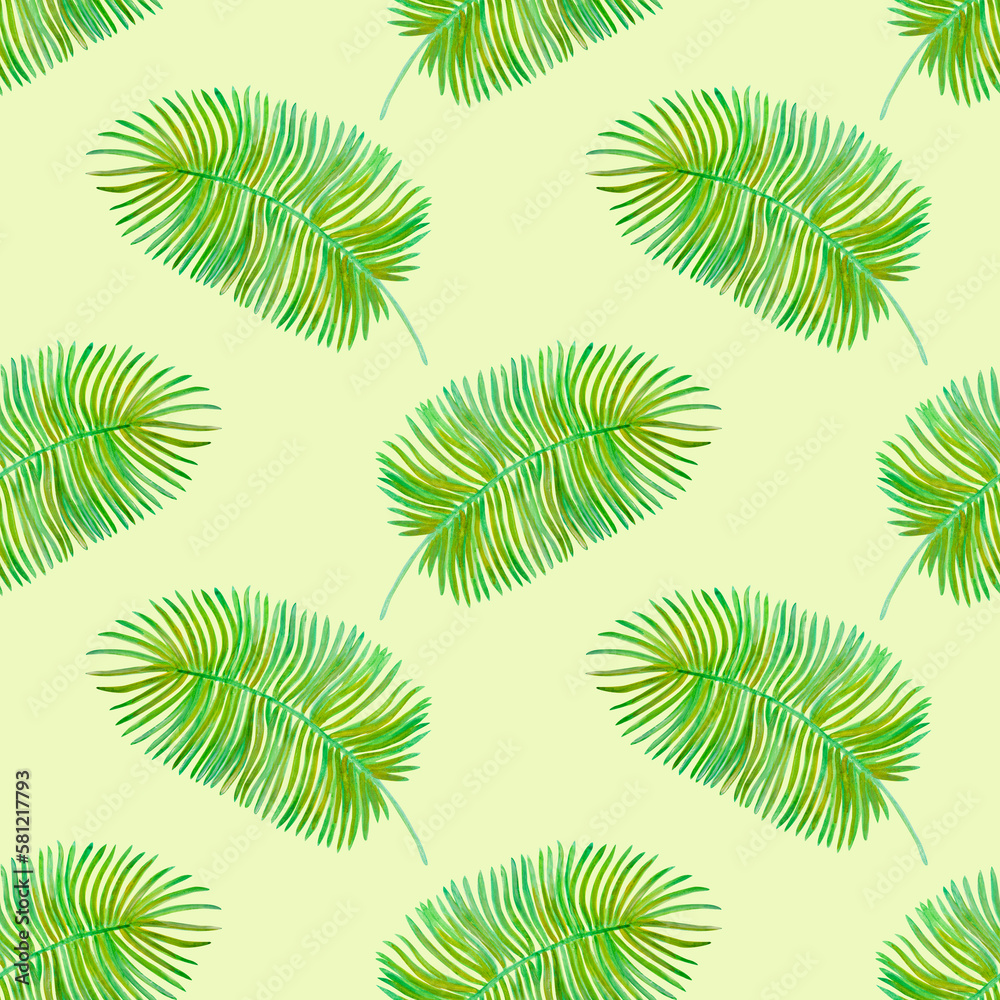 Seamless watercolor pattern with palm leaves.