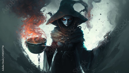 A witch with a bloodred face garbed in tattered black robes stirring a seething cauldron of silvery smoke. Fantasy art. AI generation.