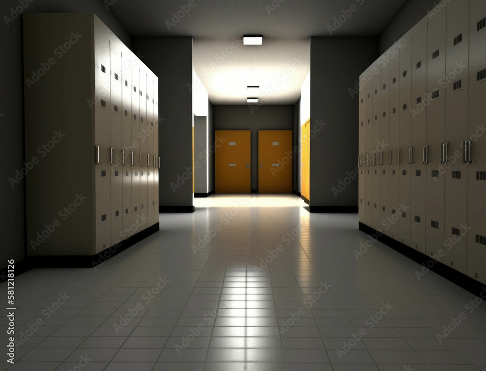 An empty school hall with a row of tall lockers lined up symbolizing the learning journey. Lifestyle concept. AI generation. An empty school hall with a row of tall lockers lined up symbolizing the learning journey. Lifestyle concept. AI generation.