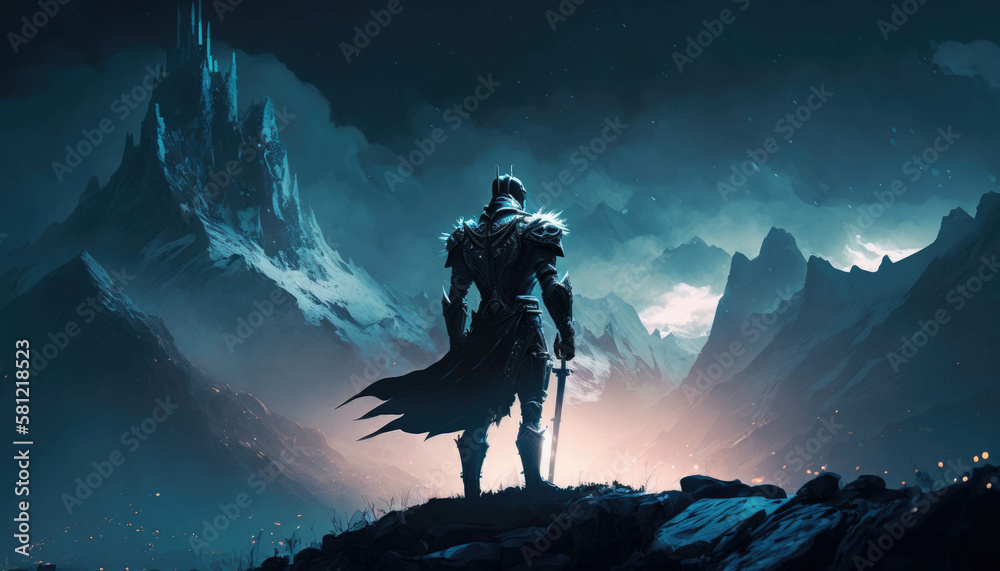 A knight in cold dark armor stands atop a mountain of shadows. Fantasy art. AI generation. - obrazy, fototapety, plakaty 