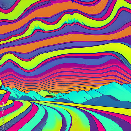 Spiritual  Surreal   Psychedelic Poster art  Synthwave  and retro wave background  Grainy landscape  futuristic design  wave music  the 80s styled Surreal landscape  