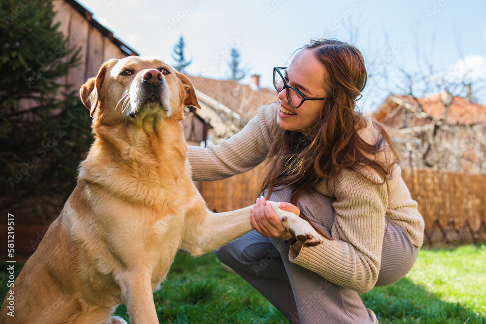 A young girl student is petting and feeding and playing with her pet dog labrador in backyard A young girl student is petting and feeding and playing with her pet dog labrador in backyard