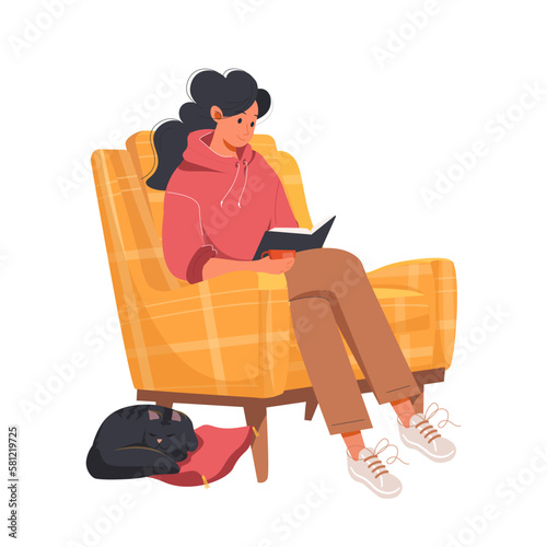 Woman reading book at home in vector illustration isolated on white. Happy female character resting in comfy sofa with book and coffee and cat pet. Book lovers, readers, modern literature lovers