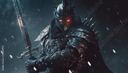 A brooding warrior clad in black armor holds a powerful sword aloft challenging all to oppose him. Fantasy art. AI generation.