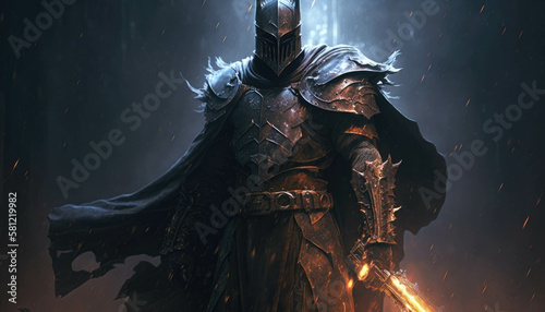 An evil knight cloaked in a thick dark armor brings his sword downward with a menacing roar. Fantasy art. AI generation. © Justlight