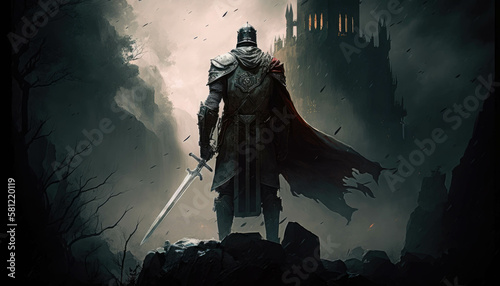 Amidst the shadows of a castle’s battlements a fierce crusader stands with his sword held aloft a menacing portent of the Fantasy art. AI generation. photo