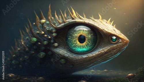A shapeshifting creature with snakelike eyes. Fantasy art. AI generation.