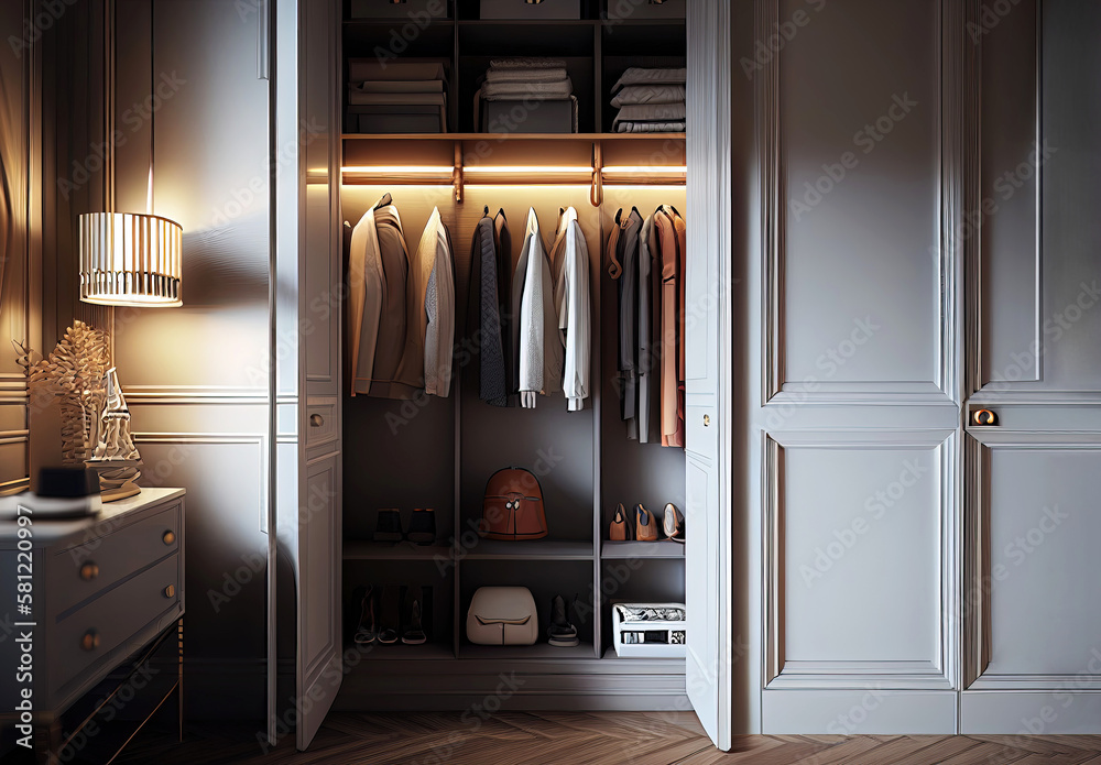 Interior of modern extremely tidy closet as digital interior design illustration (Generative AI) Interior of modern extremely tidy closet as digital interior design illustration (Generative AI)
