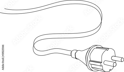 continuous single line drawing of electric plug and power cable, line art vector illustration