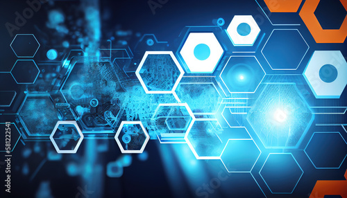 Industrial, industry software, website banner, commercial, several translucent hexagon, orange blue background - Generative AI