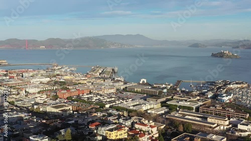 Aerial view of Alcatraz and Golden Gate Bridge in San Francisco, California - 4K Drone Footage
