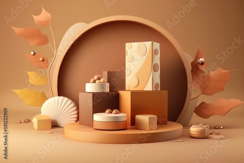 3D podium display on beige with levitation objects. AI generation