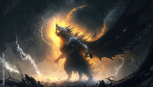 A golemlike creature surrounded by a storm of sparks. Fantasy art. AI generation. © Justlight