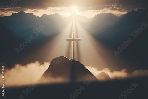 Holy place with god rays over the cross. Generative ai