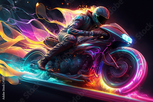 Superfast sport bike with neon trails. Ai generative photo