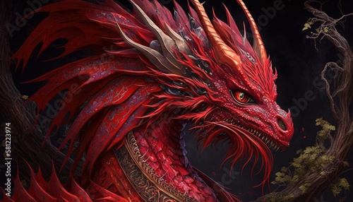 chinese terrible red dragon on fantasy forest 