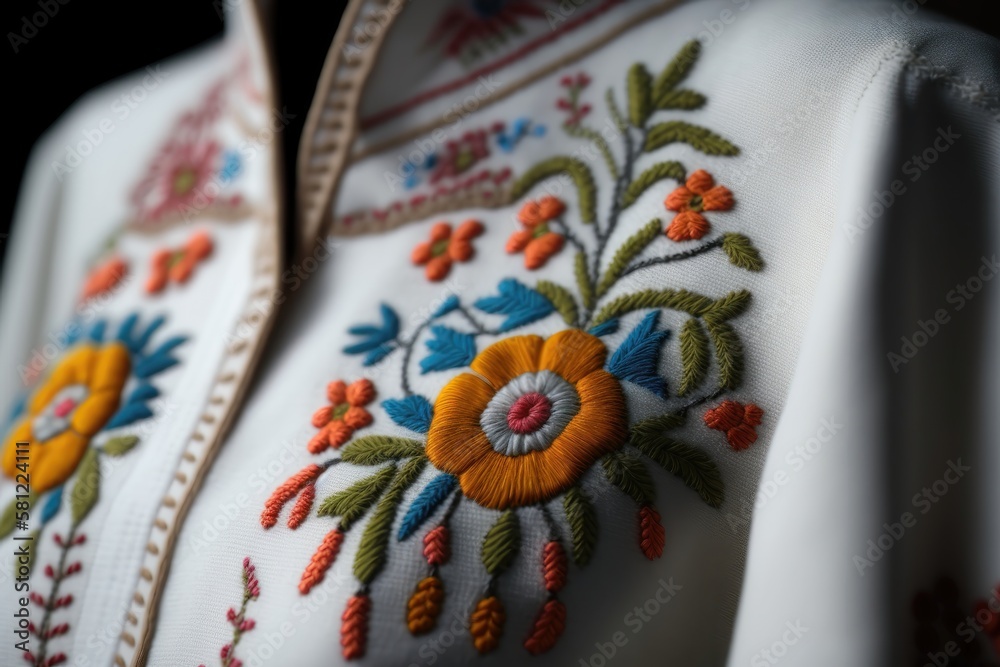 Fototapeta premium Embroidery. Handmade vyshivanka shirt, traditional ethnic ukrainian style. AI generation