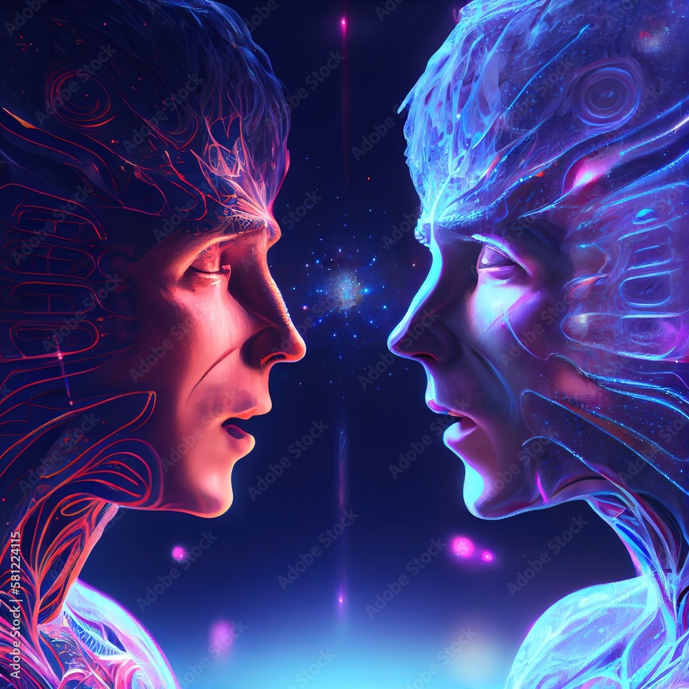 Two space people agnst the backdrop of endless space. Generative AI Art ...