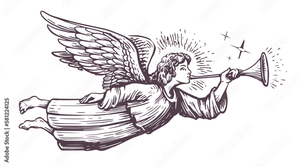 Christmas Angel flying and trumpet on pipe. Religious holiday. Hand drawn  vector illustration in vintage engraving style Stock Vector | Adobe Stock