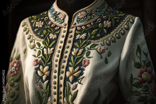 Embroidery. Handmade vyshivanka shirt, traditional ethnic ukrainian style. AI generation © yuliachupina