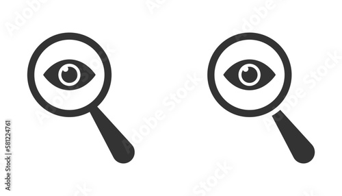 Eye icon. View icon. Sneak peek. Spying, spy, watch. Magnifying glass