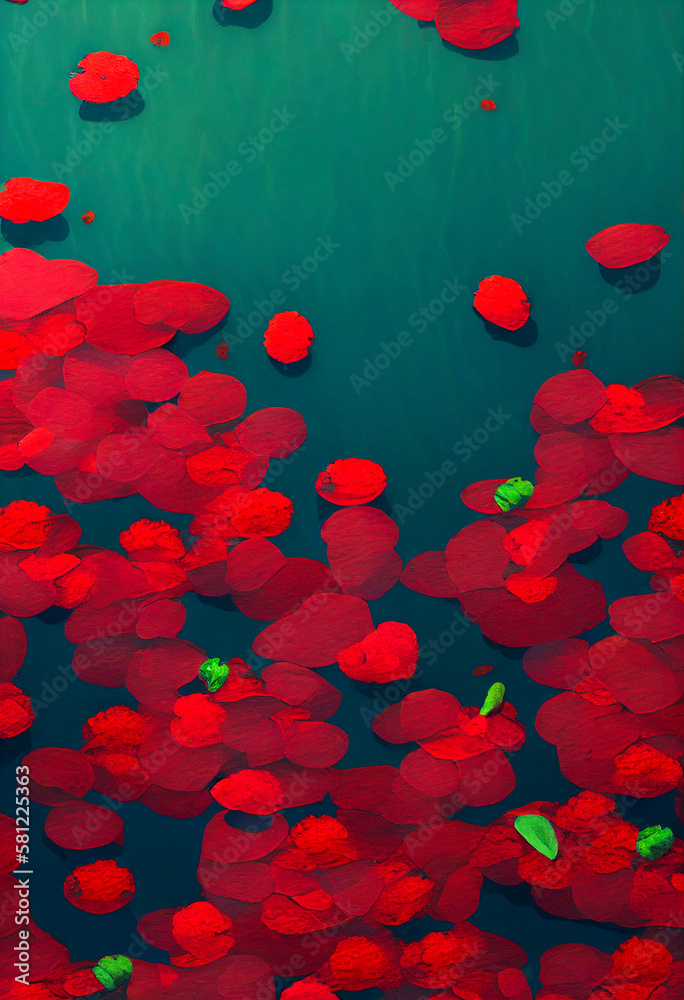 Red colored water lilies, floating on water surface. Top view. Art illustration Red colored water lilies, floating on water surface. Top view. Art illustration