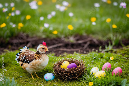 Easter chicken and easter eggs. Generative AI