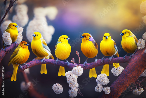 bright yellow canaries sit on a branch of a flowering tree. generative AI tools 