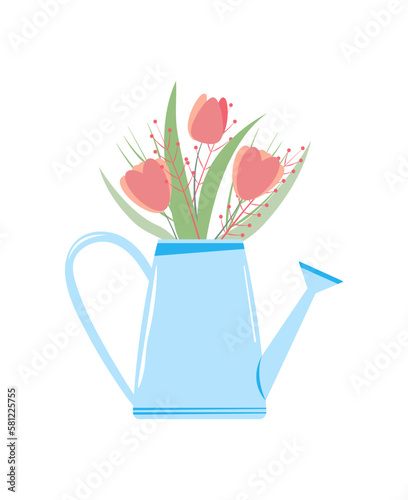 spring flowers. pink tulips in vase. spring card. Garden watering can with flowers. blue garden watering can with flowers.