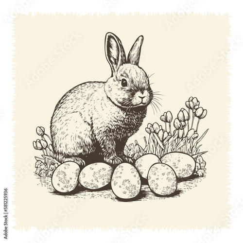 Easter bunny surrounded by easter eggs vintage engraving style illustration.
