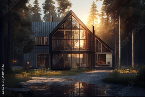 Modern house in the woods. Generative AI © Gabriel