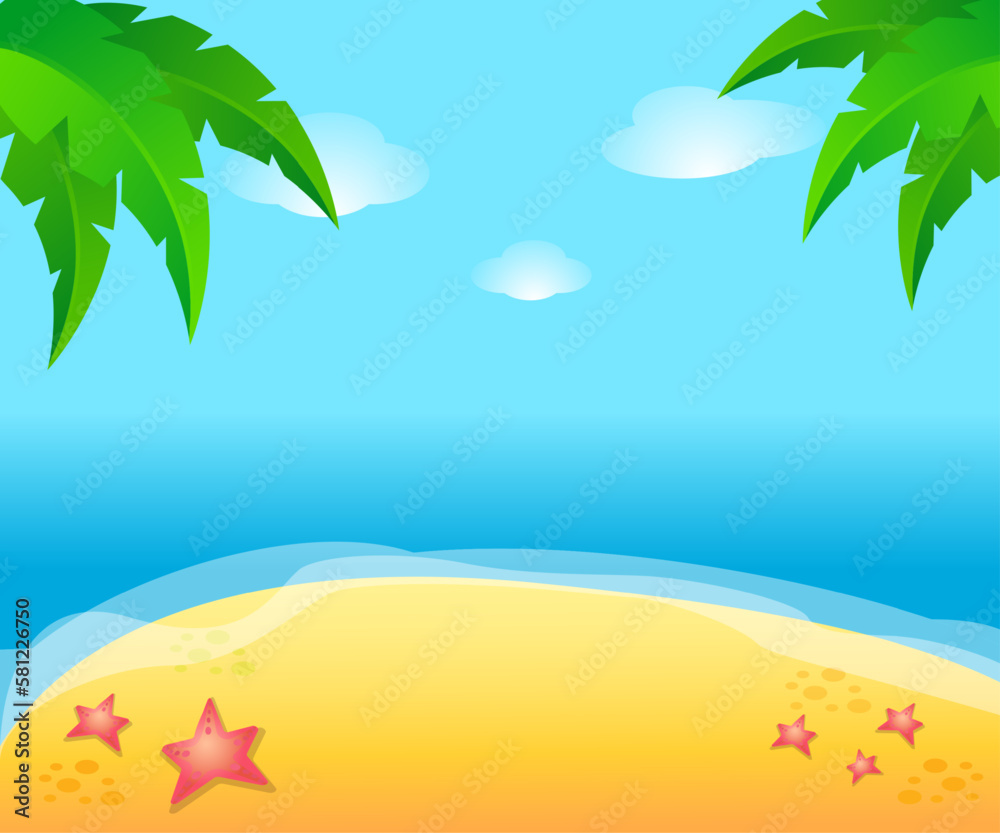 Seascape vector illustration. Paradise beach with sand and palm trees.