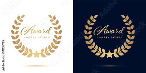 Wreath laurel. Gold icon award on white and blue background. Winner golden circle. Victory round crown. Leaf emblem. Symbol border. Branch logo. Branch with leaves. Crest badge. Vector illustration