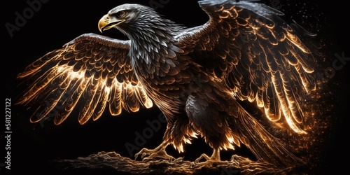 Golden eagle, with shining feathers, with fire and light on the ends, flame bird, eagle sacred animal, on a dark background, wallpaper, luxury, top quality. The eagle spread his wings. Generative AI.