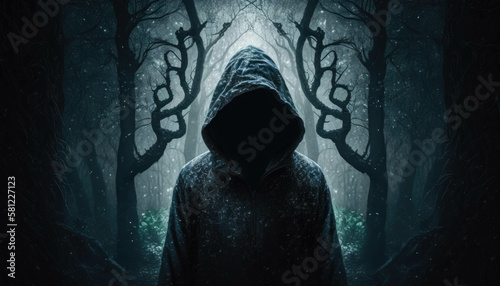 A hooded figure lurks in a dense forest of shadows and secrets. Fantasy art. AI generation.