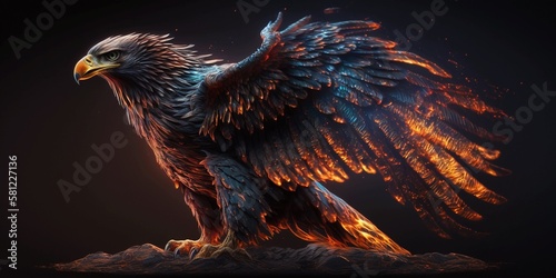 Golden eagle, with shining feathers, with fire and light on the ends, flame bird, eagle sacred animal, on a dark background, wallpaper, luxury, top quality. The eagle spread his wings. Generative AI. © Artem