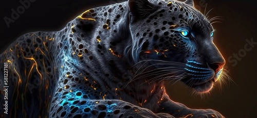 Black panther, leopard, futuristic style, neon veins, blue light, light design, neon inserts, Wild Beast, king of beasts of the future. Blue and gold, wallpaper. Generative AI.