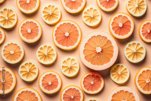 Many sliced fresh grapefruits as background, top view. AI generation