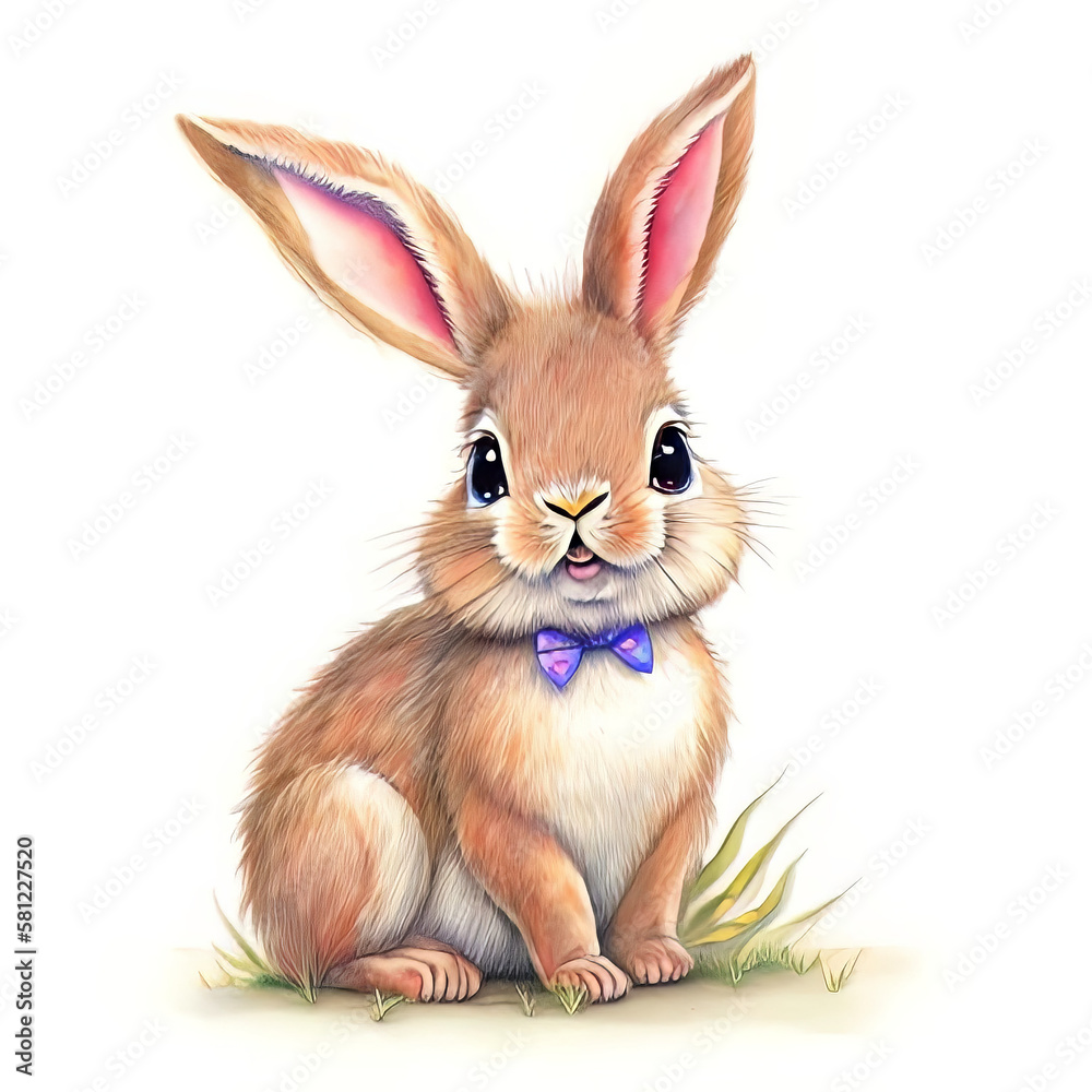 Fototapeta premium Watercolor Children Book Illustrations, Cute bunny with bowtie full body sitting against white background, created with Generative AI technology 