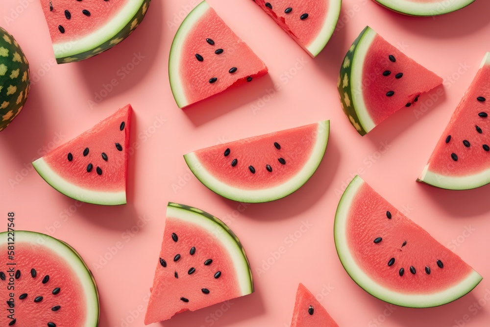 Pattern with ripe watermelon slice on pink background. AI generation Pattern with ripe watermelon slice on pink background. AI generation