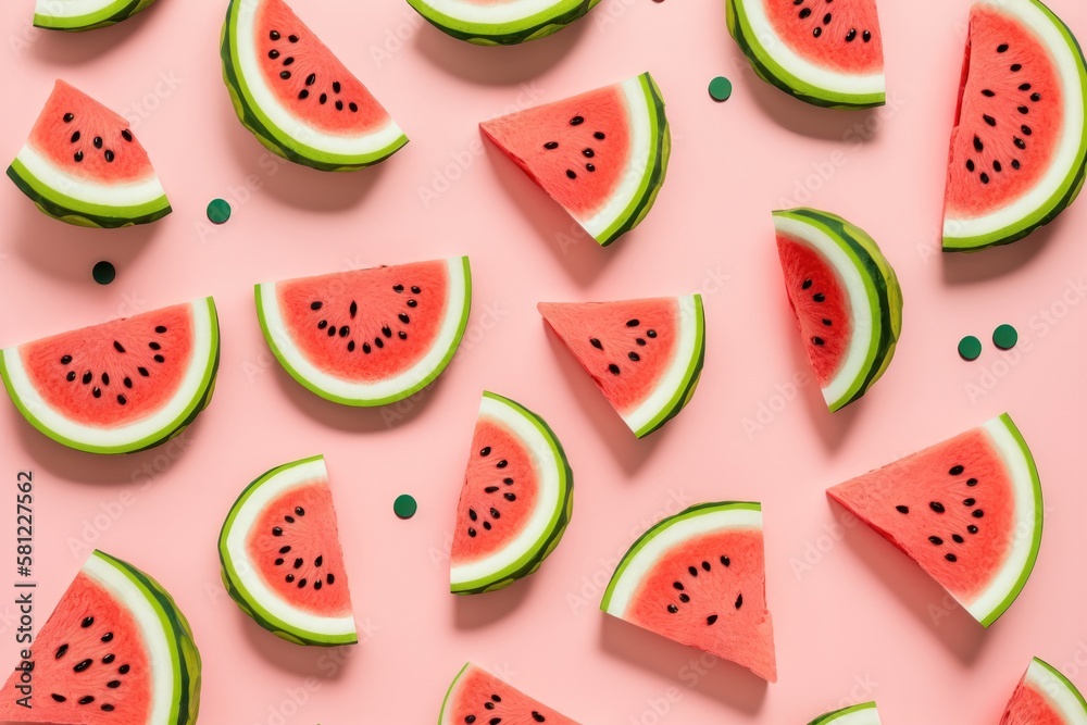 Pattern with ripe watermelon slice on pink background. AI generation