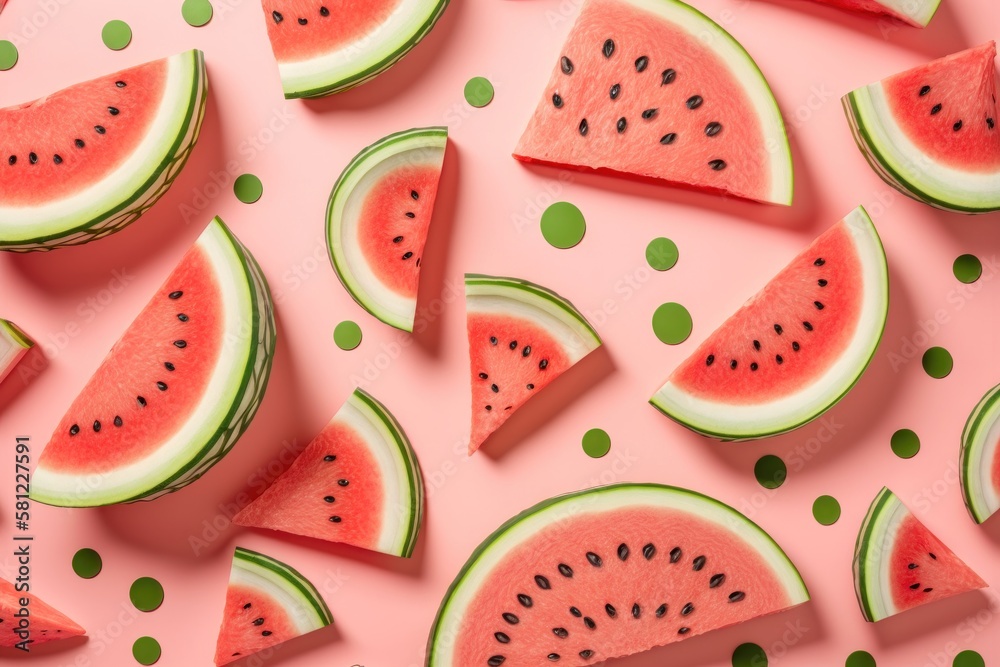 Pattern with ripe watermelon slice on pink background. AI generation Pattern with ripe watermelon slice on pink background. AI generation