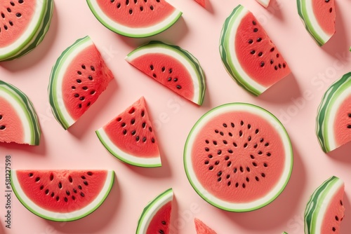 Pattern with ripe watermelon slice on pink background. AI generation