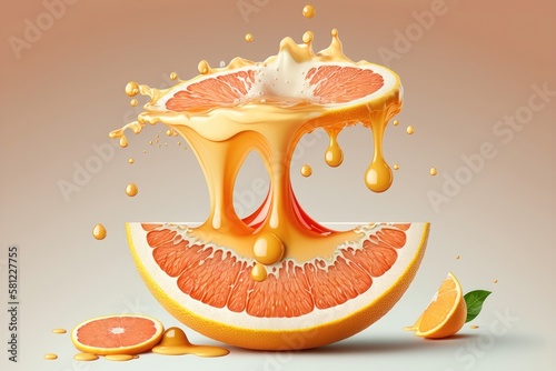 Falling Grapefruit slice and drip up drops of juice isolated. AI generated