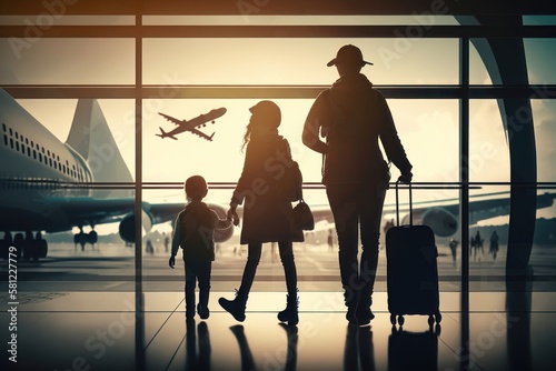 Family at airport travelling with young child and luggage walking to departure gate. Air travel concept. AI Generation