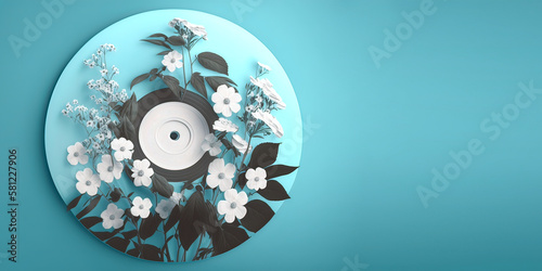 Vinyl record made out of white flowers, bright pastel blue background. Copy space for text. Generative AI