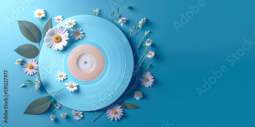 Vinyl record made out of white flowers, bright pastel blue background. Copy space for text. Generative AI
