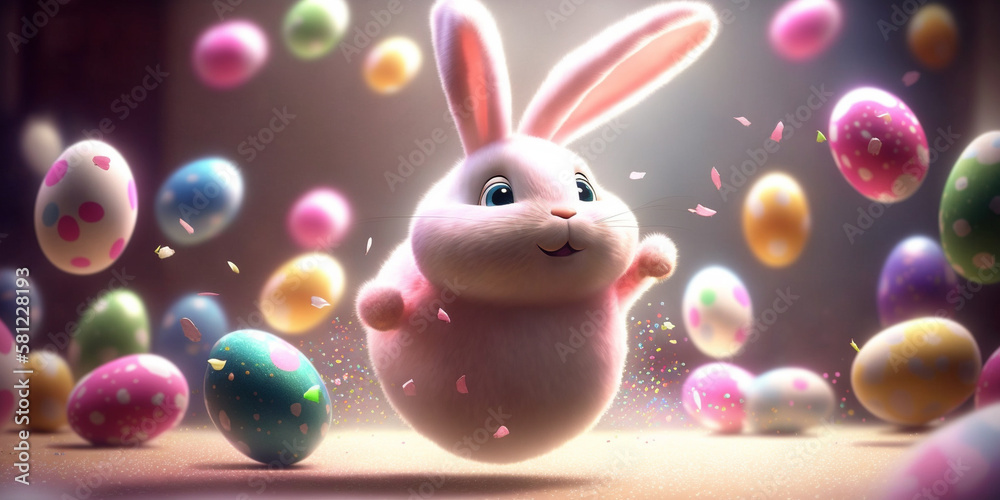 Cutest easter bunny, jumping with joy around easter eggs