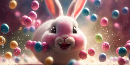Cutest easter bunny, jumping with joy around easter eggs © Plural Design